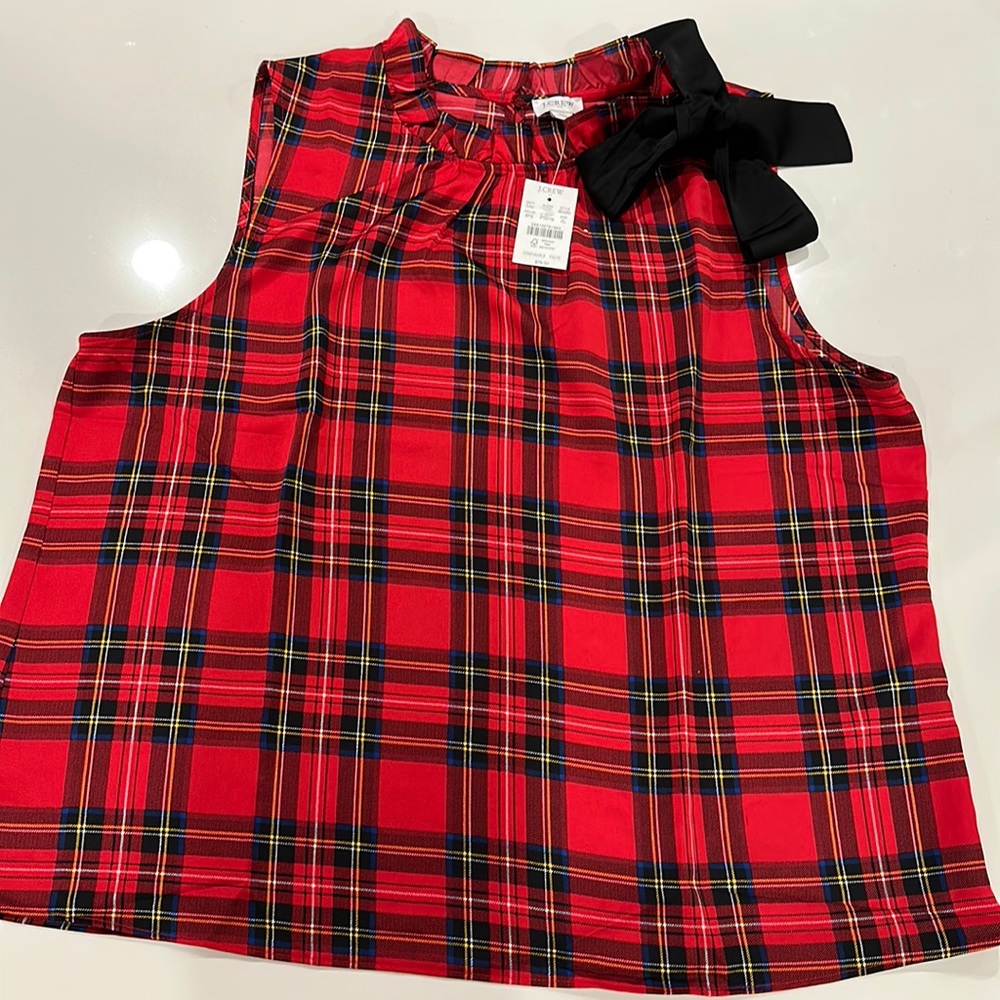 J Crew Red Plaid Ruffle Collar Sleeveless Blouse